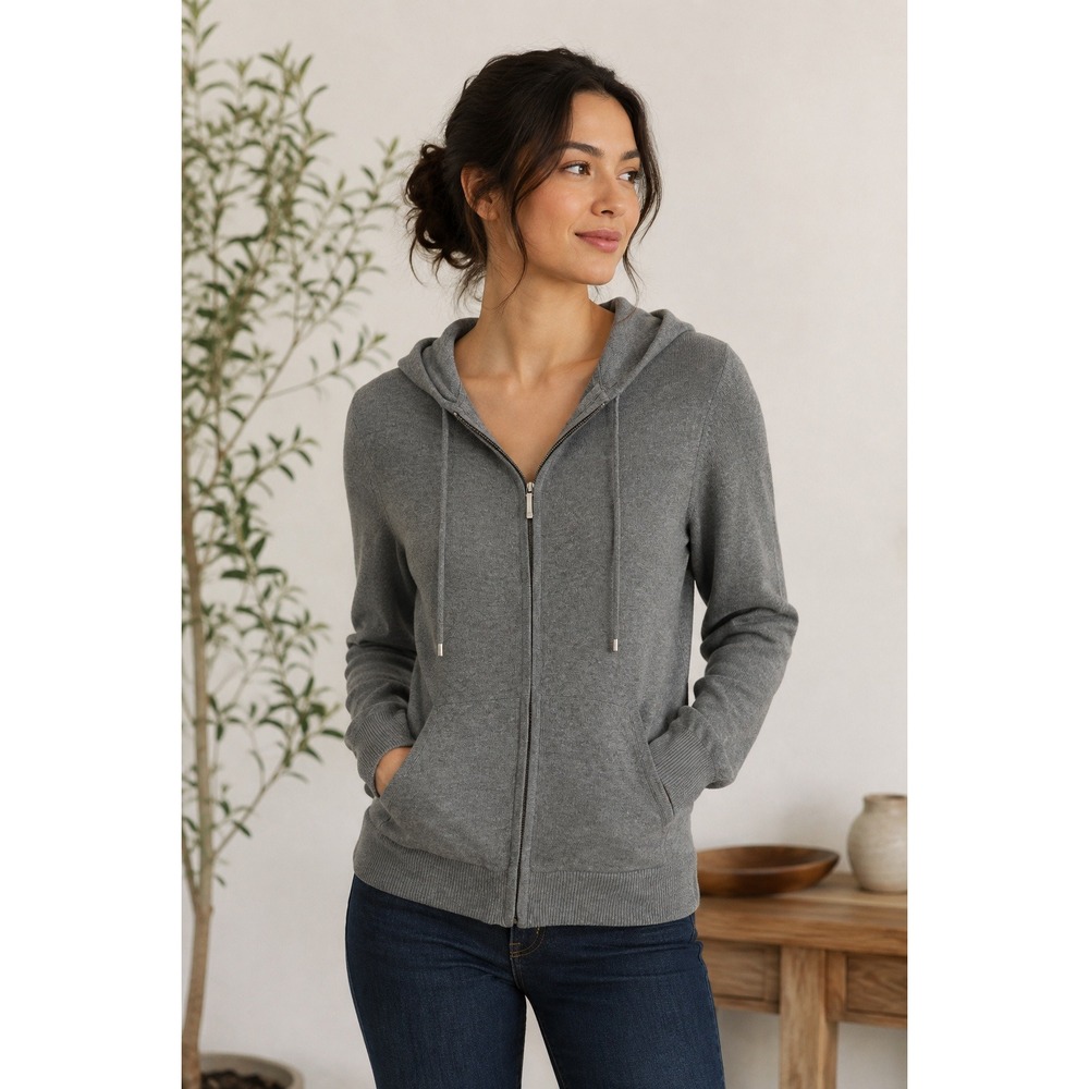Lauren Ralph Lauren Hoodie Womens M Gray Silk Cashmere Zip Up Luxury Minimalist